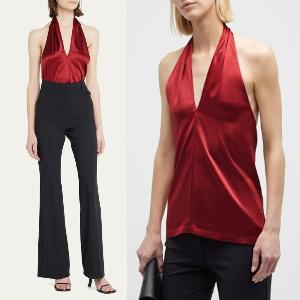 Theory Ertil Cross Front Halter Top Size P Stretch Satin SILK Red Dahlia NEW - Picture 5 of 12